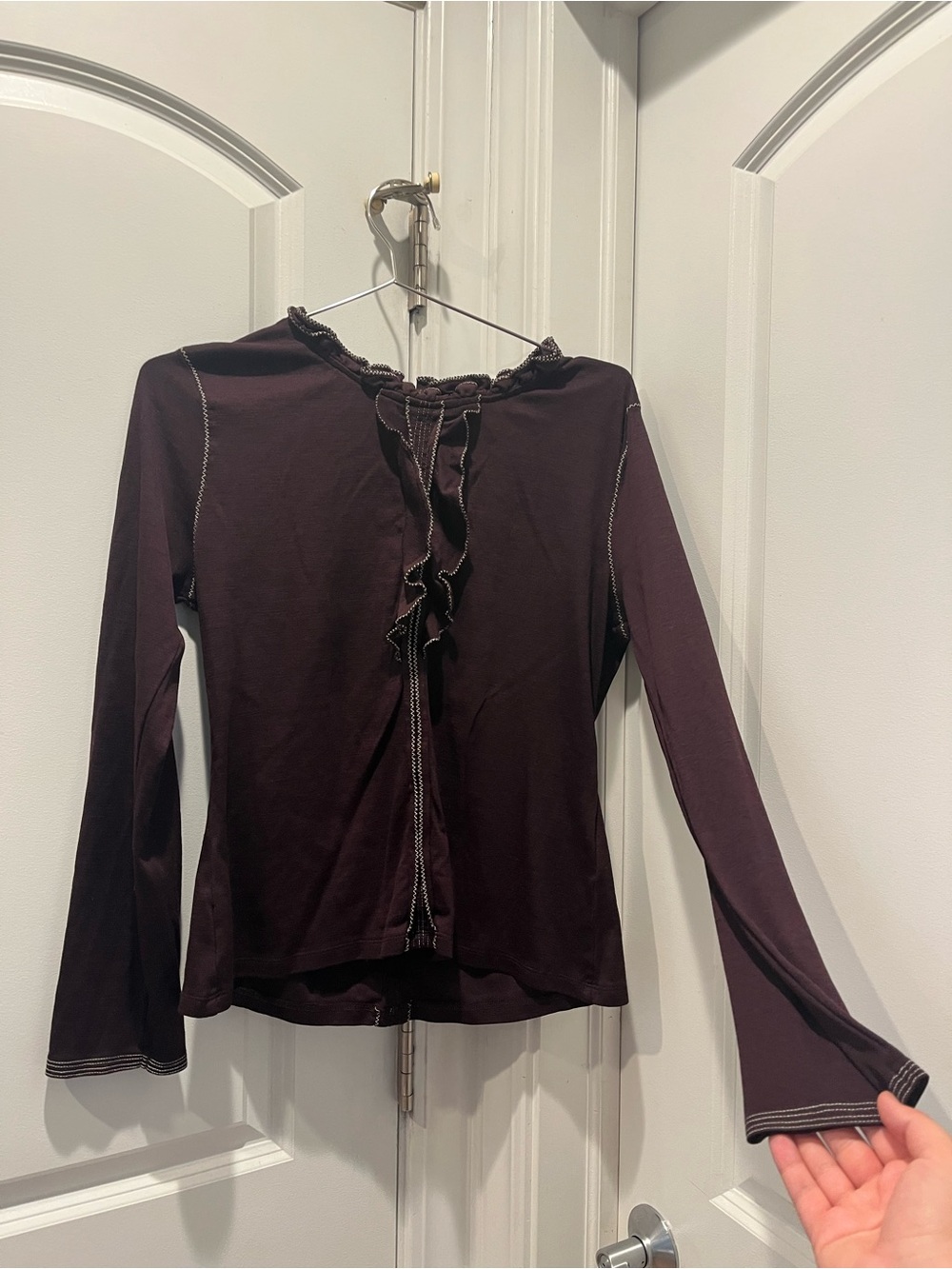 Ulla Johnson Plum Long-Sleeve Ruffle-Front Top with Contrast Stitching
